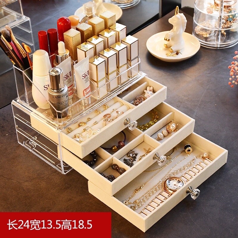 HỘP ĐỰNG TRANG SỨC ĐA NĂNG- HỘP ĐỰNG ĐỒ TRANG SỨC MIKA 3 TẦNG CAO CẤP BỌC NHUNG KÈM KHAY SON