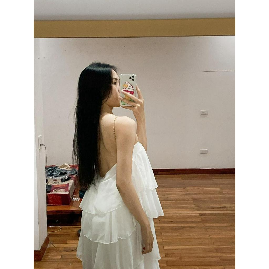 Maxi Cổ Xích Đầm trễ vai 5 Tầng - Váy xòe đi biển chất voan 2 lớp phong cách hàn quốc.