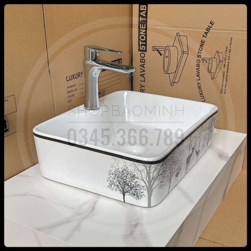 Chậu rửa mặt - Lavabo chữ nhật đặt bàn 609 họa tiết hươu đen cao cấp (KT48x37cm)