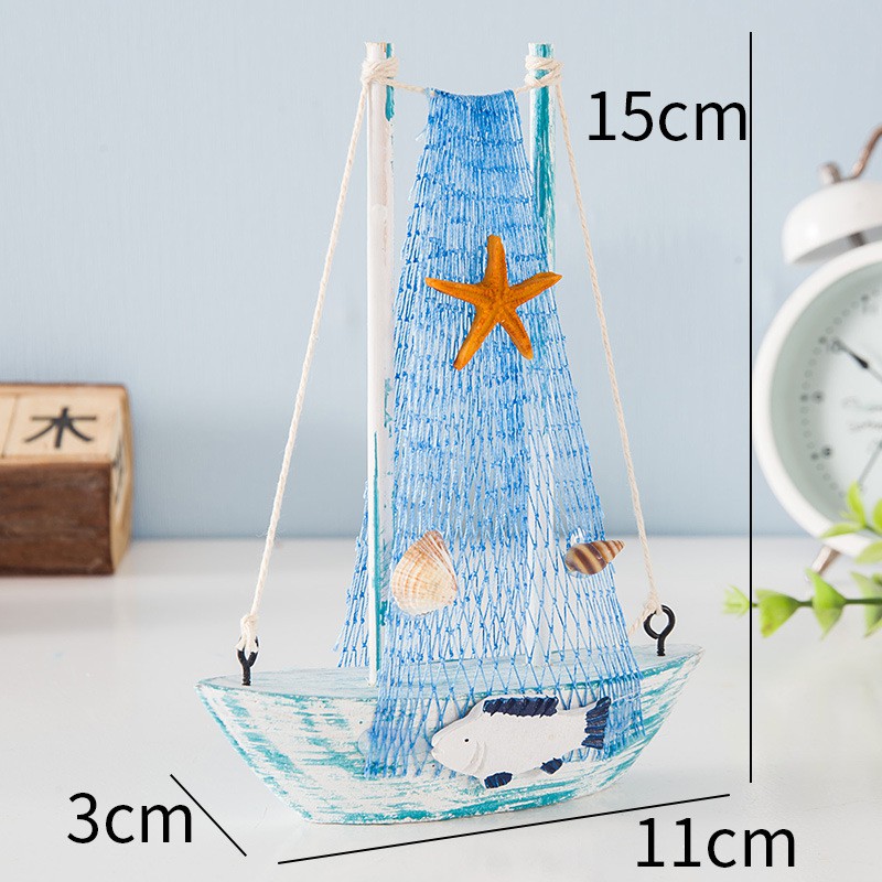 Set 4 mô hình thuyền buồm gỗ mini trang trí size 15cm - Decor đồ trang trí theo phong cách biển Địa Trung Hải