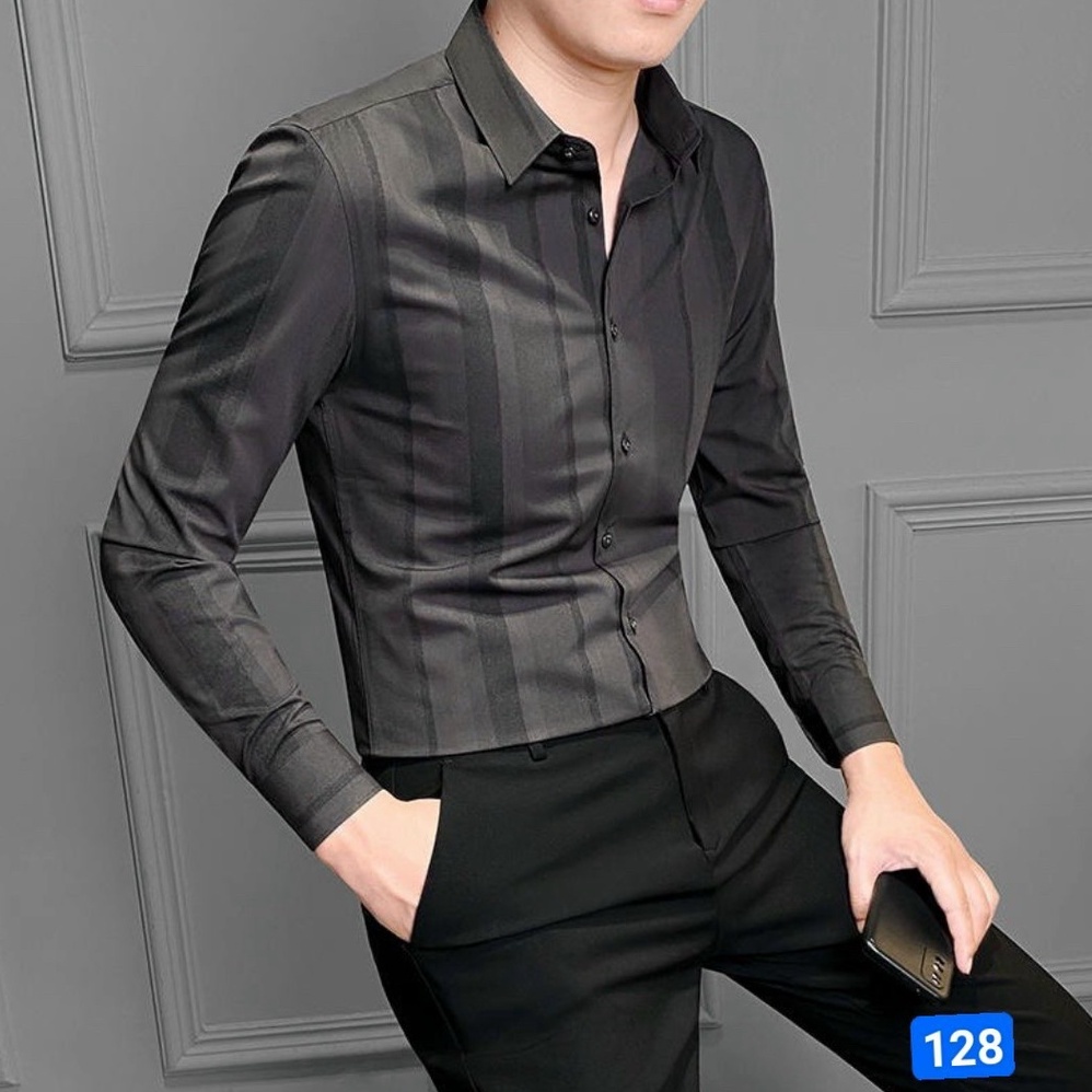 Áo sơ mi nam dài tay màu trắng họa tiết kẻ sọc, màu xám đen thời trang cao cấp thương hiệu Muradfashion MS128