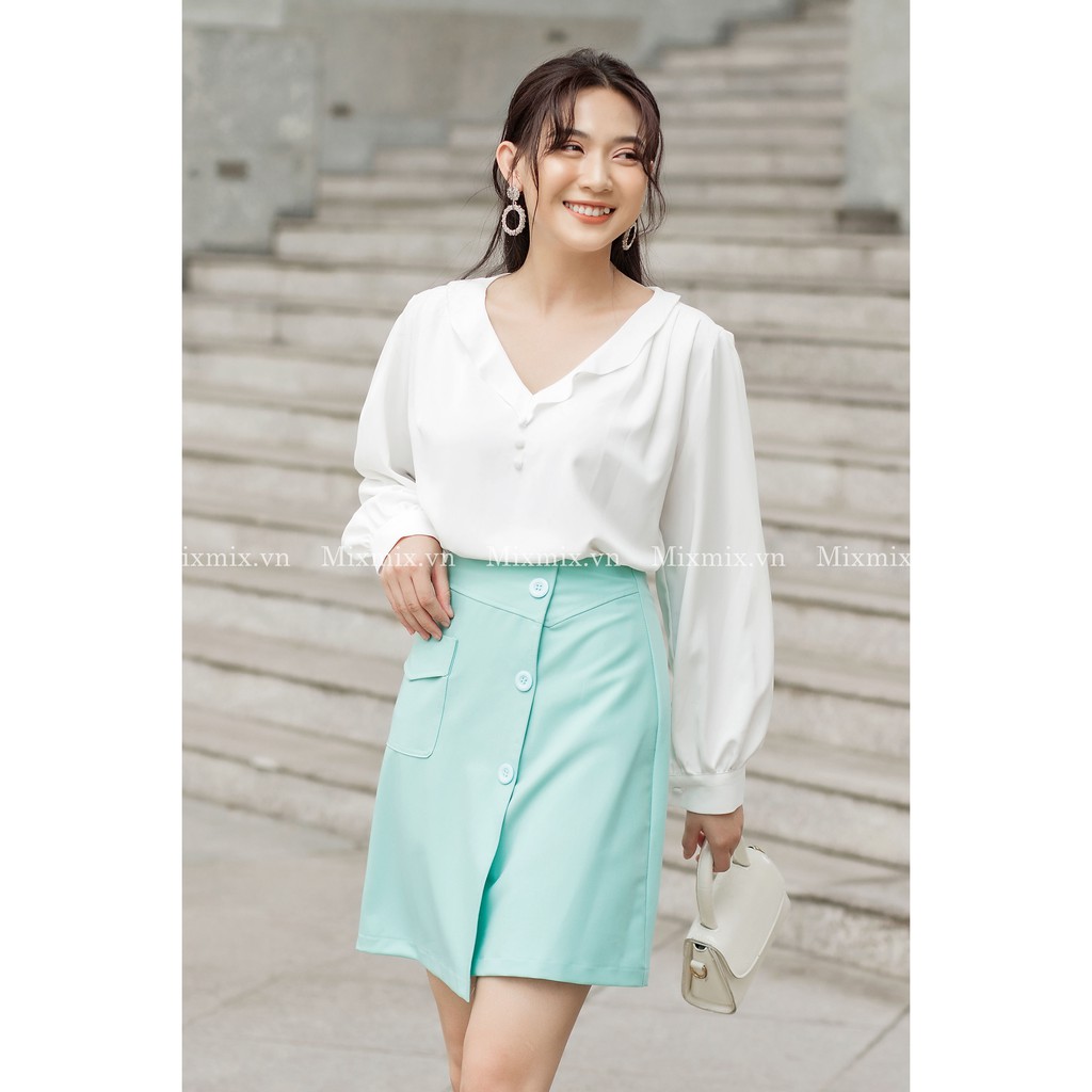 Áo lụa cổ tim viền bèo - MIXMIX - Hàng thiết kế- Hình chụp thật 100%