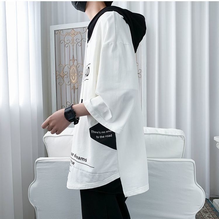 Áo hoodie giả hai lớp tay ngắn dáng rộng thời trang mùa hè cho nam giới