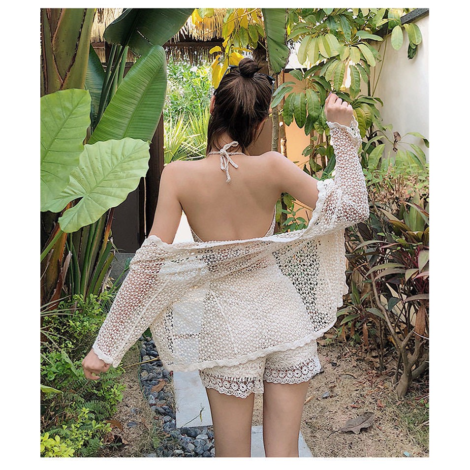 (Hàng nhập) SET 3 MÓN Bikini len móc đi biển Trắng Quảng Châu #1800