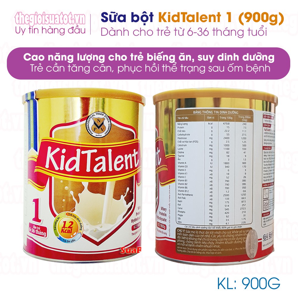 Sữa bột KidTalent 1 Dành cho trẻ từ 6-36 tháng tuổi biếng ăn, chậm lớn, suy dinh dưỡng, thấp còi - 900g