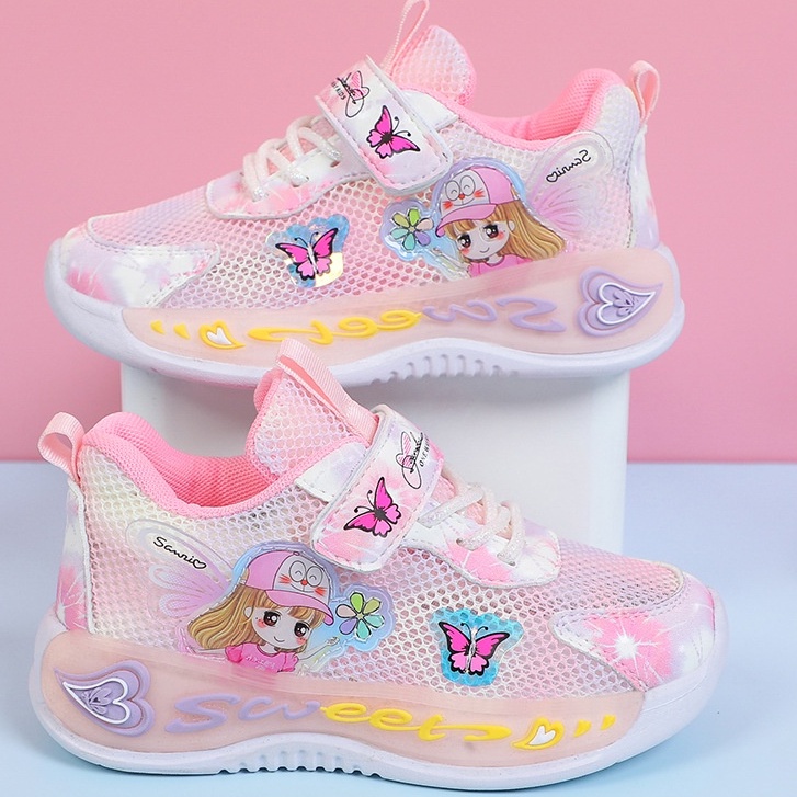 Giày thể thao bé gái đi học, giày bé gái hình công chúa lưới thông thoáng chân, đế siêu nhẹ và êm
