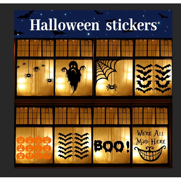 [Sản Phẩm Halloween] Sticker Dán Tường / Cửa Sổ Trang Trí Halloween Kinh Dị Ma Dơi Bí Ngô Boo! Phụ Kiện Trang Trí Tiệc Ngày Lễ We 'Re All Mad Here