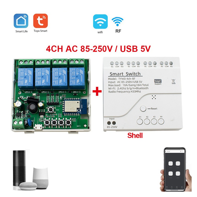 Mô-đun Công Tắc Điều Khiển Mô Tơ Wifi Thông Minh RF 433 4CH Inch Cho Alexa Google Home, 4CH