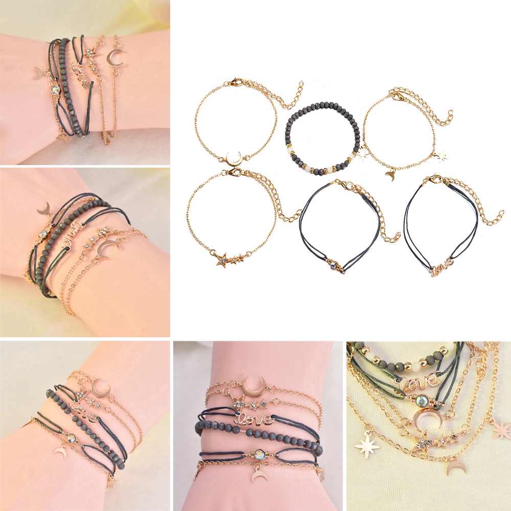 Set 6 vòng đeo tay phối mặt hình đa dạng phong cách cổ điển thời trang cho nữ