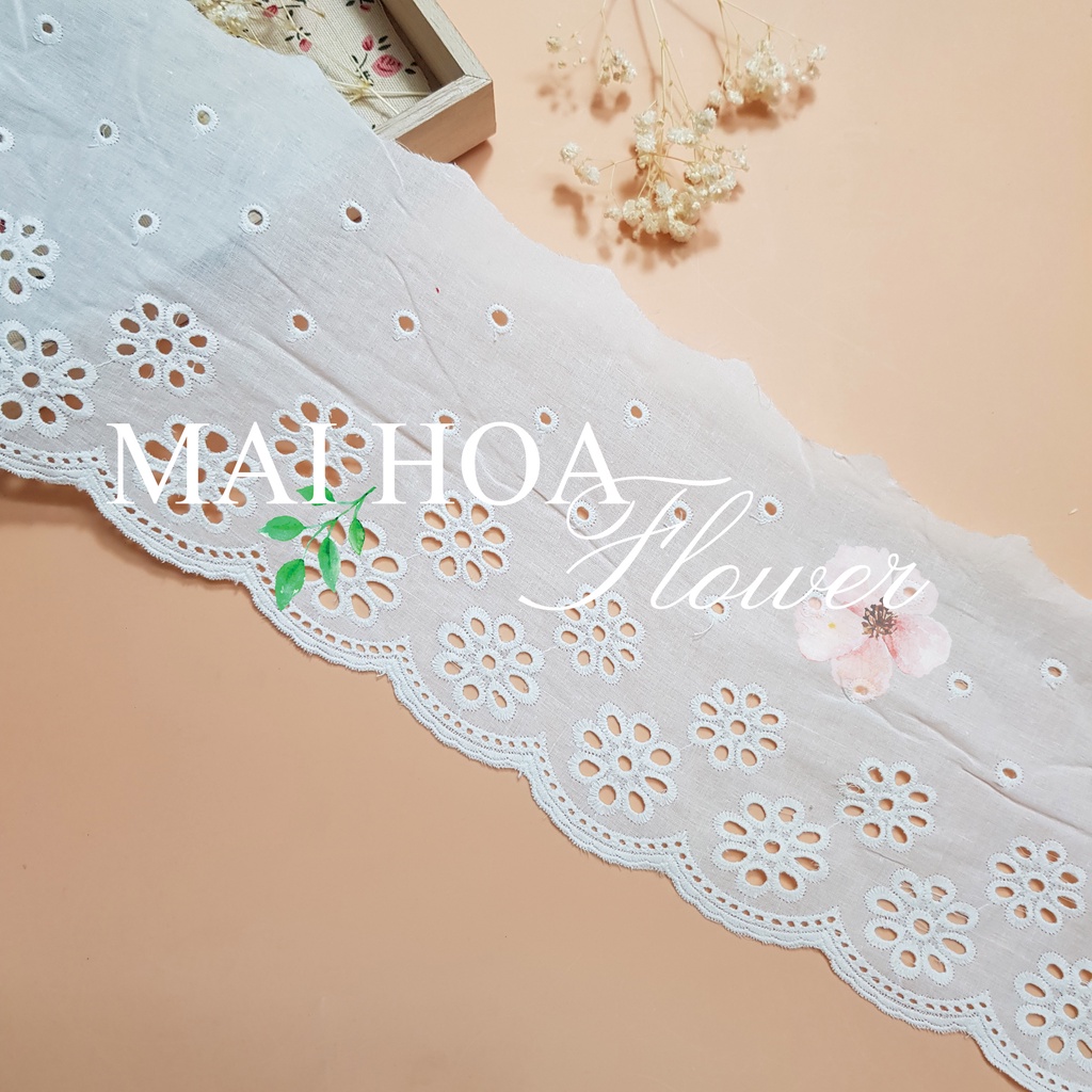 Dây viền vải ren thô boi trắng B18 thêu hoa dùng làm cổ váy áo và gấu váy áo, Maihoaflower