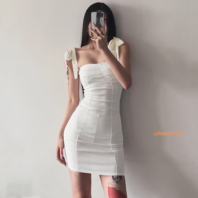Lona Dress - Váy hai dây body cột nơ màu trắng, đen