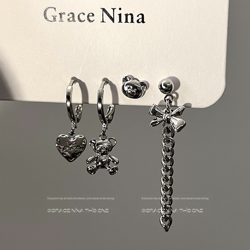 Bông Tai Hình Gấu Phối Dây Xích Phong Cách Harajuku Cá Tính