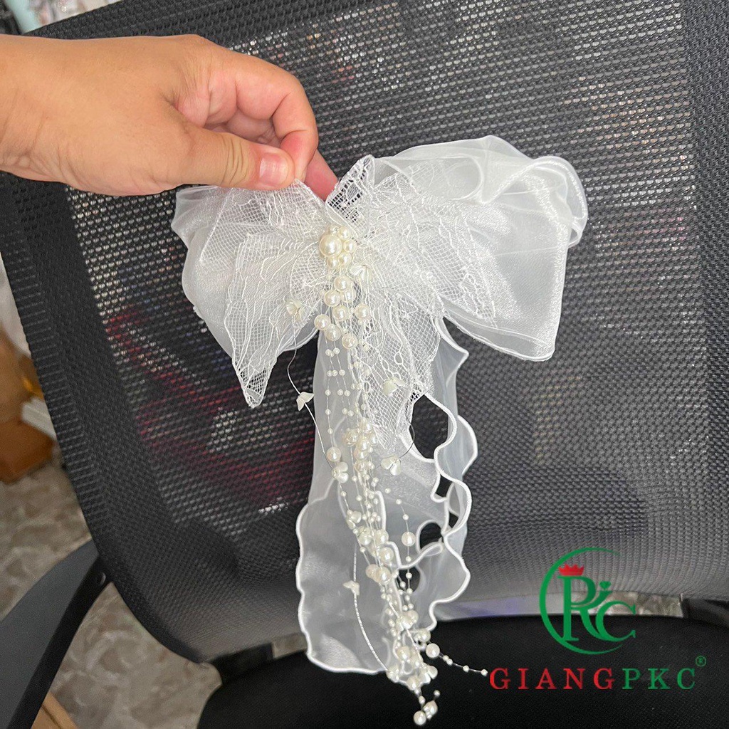 Voan ngắn cài tóc cô dâu bướm cứng hạt trai dây 2022 Giangpkc  ngang 22cm dài 45cm Phụ kiện cưới Giang