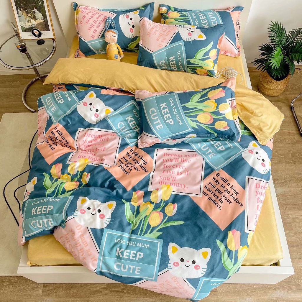 Chăn ga gối cotton poly 4 món họa tiết xinh xắn đáng yêu, chăn ga Hàn Quốc miễn phí bo chun drap ga giường