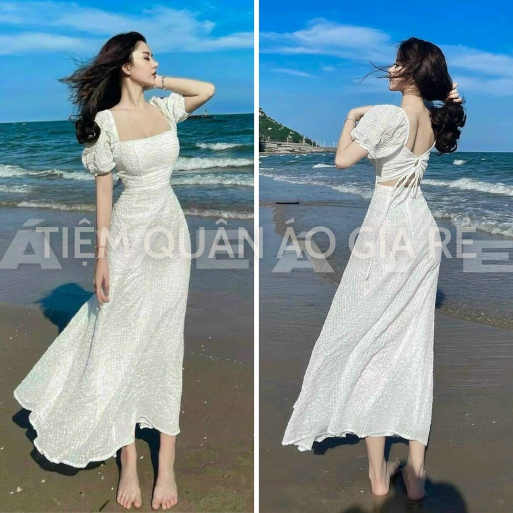 Đầm Maxi Dài Hở Lưng Đi Biển, Maxi Cổ Vuông Tay Phồng Sexy Thời Trang Giá Rẻ _DQC5