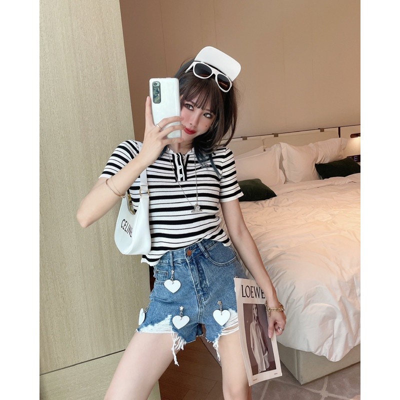 Quần shorts jeans cao cấp Kimhekim thiết kế tua rua có đính hình trái tim