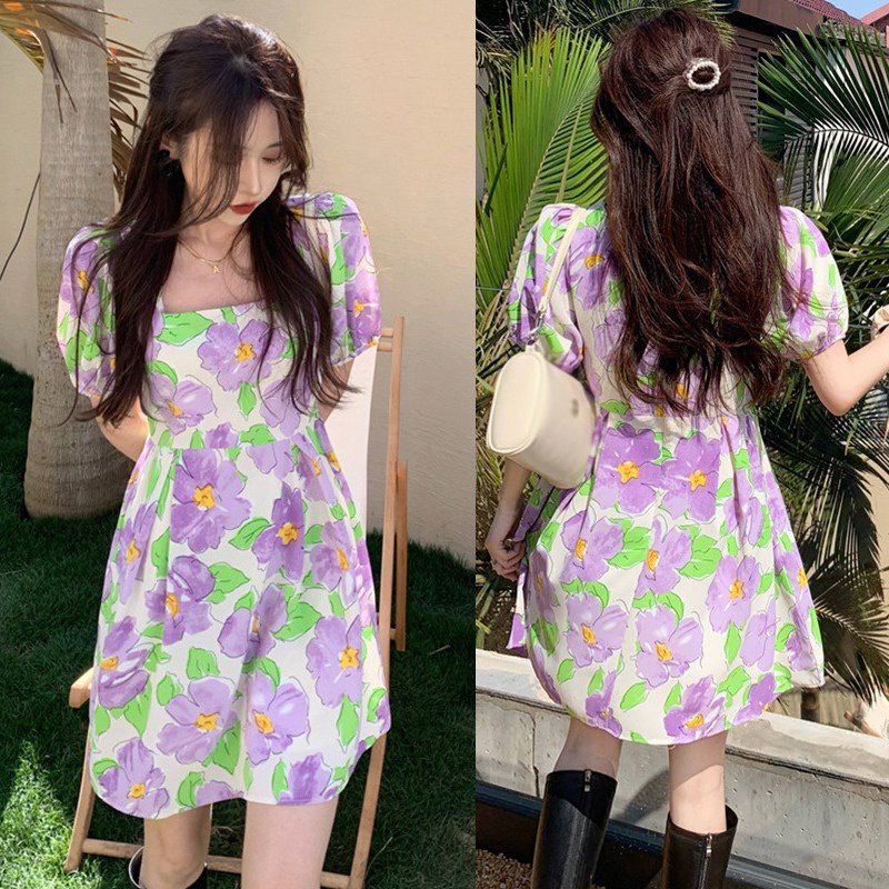 Đầm Hoa Tay Phồng Cổ Vuông Xếp Ly Lưng Cao Thời Trang Hàn Quốc Xinh Xắn Cho Nữ