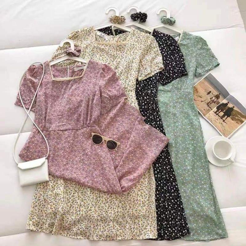Đầm _ váy hoa nhí cổ ren tay ngắn kèm chun