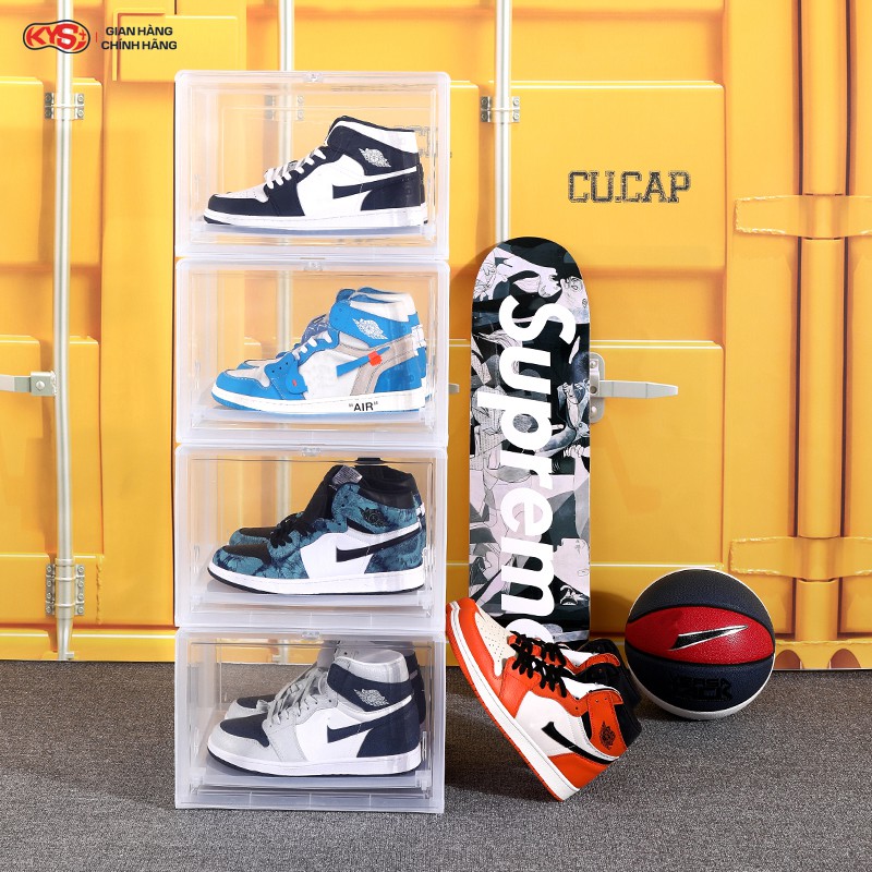 Hộp đựng giày sneaker cửa ngang khay trượt tự động cao cấp KYS - Màu Trắng Trong