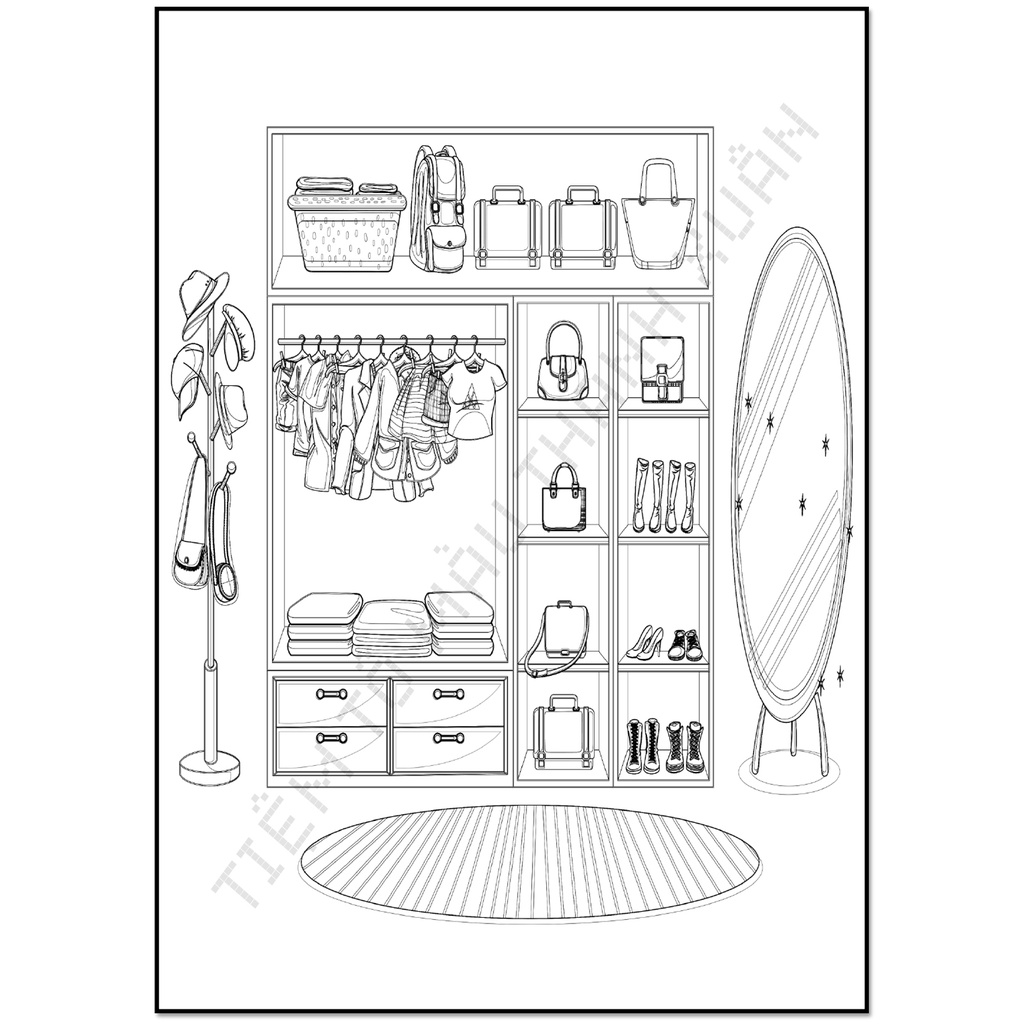 Set 30 Tờ Tranh Tô Màu Chủ Đề Nội Thất Tô Màu Sáp, Màu Chì - Tiệm Tô Màu Thanh Xuân