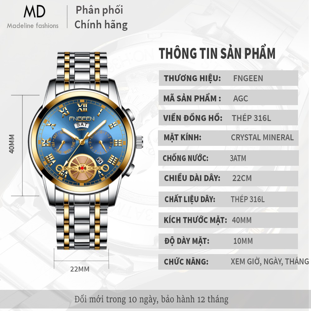 Đồng hồ nam FNGEEN chính hãng, dây thép 316L, chống nước tốt, kiểu dáng thời trang, lịch lãm ( Mã: AGC ) | BigBuy360 - bigbuy360.vn