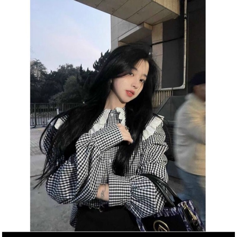 Áo sơ mi kẻ caro cổ 2 tầng bèo phối ren- dáng BABYDOLL MS267