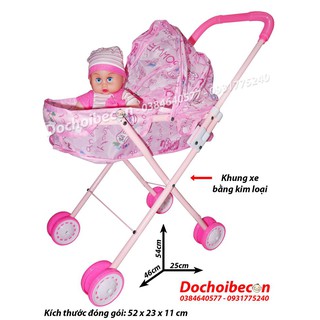 Xe đẩy sắt kèm búp bê - Búp bê xe đẩy - Búp bê bé trai áo hồng
