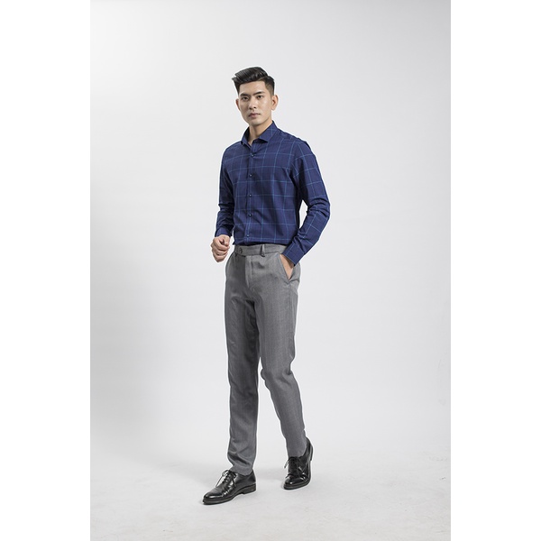 Áo sơ mi dài tay nam KWIN KLS01708 dáng slimfit, chất liệu bamboo sợi tre pha, tím than kẻ caro to