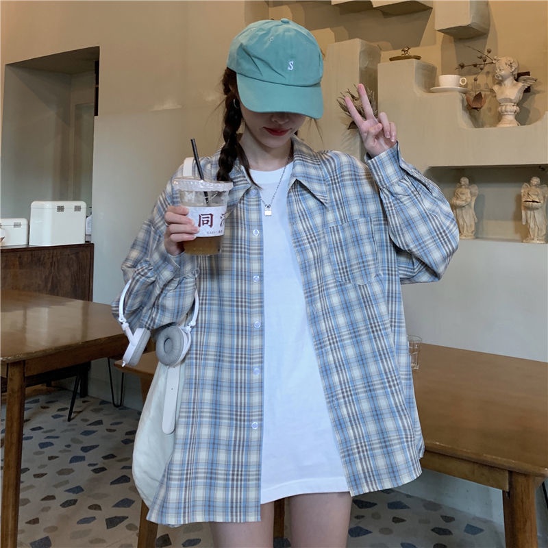 Áo Sơ Mi Caro Tay Dài Dáng Rộng Phong Cách Hàn Quốc Cho Nữ