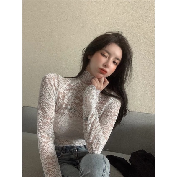 Áo dài tay ren có lót che ngực sexy ôm body màu trắng đen .