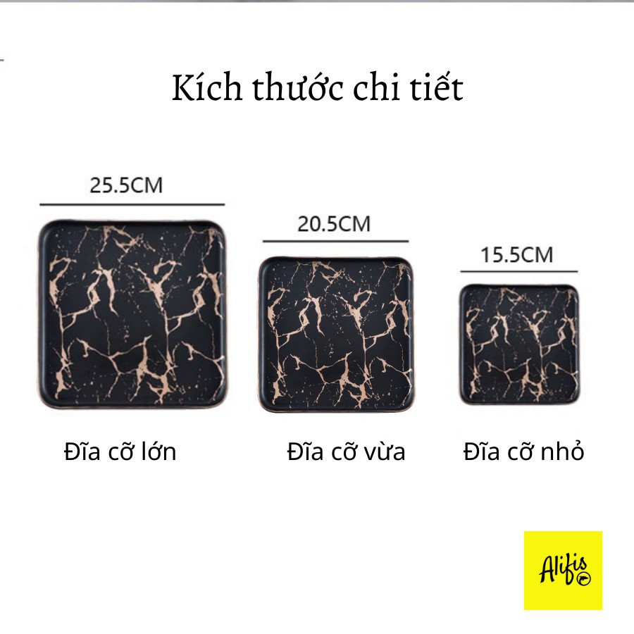 Đĩa sứ vuông vân đá cẩm thạch – màu đen kết hợp viền vàng – phong cách Bắc Âu sang trọng – sẵn 3 size 15.5; 20.5, 25.5cm
