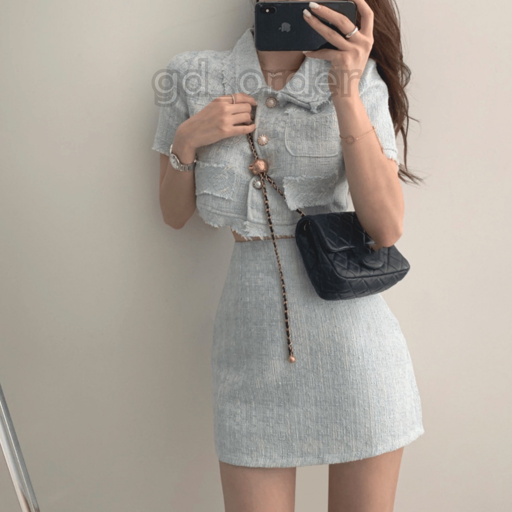 B54|Set bộ sang trọng áo croptop ngắn tay thanh lịch, váy chữ A cạp cao màu xanh gd_order