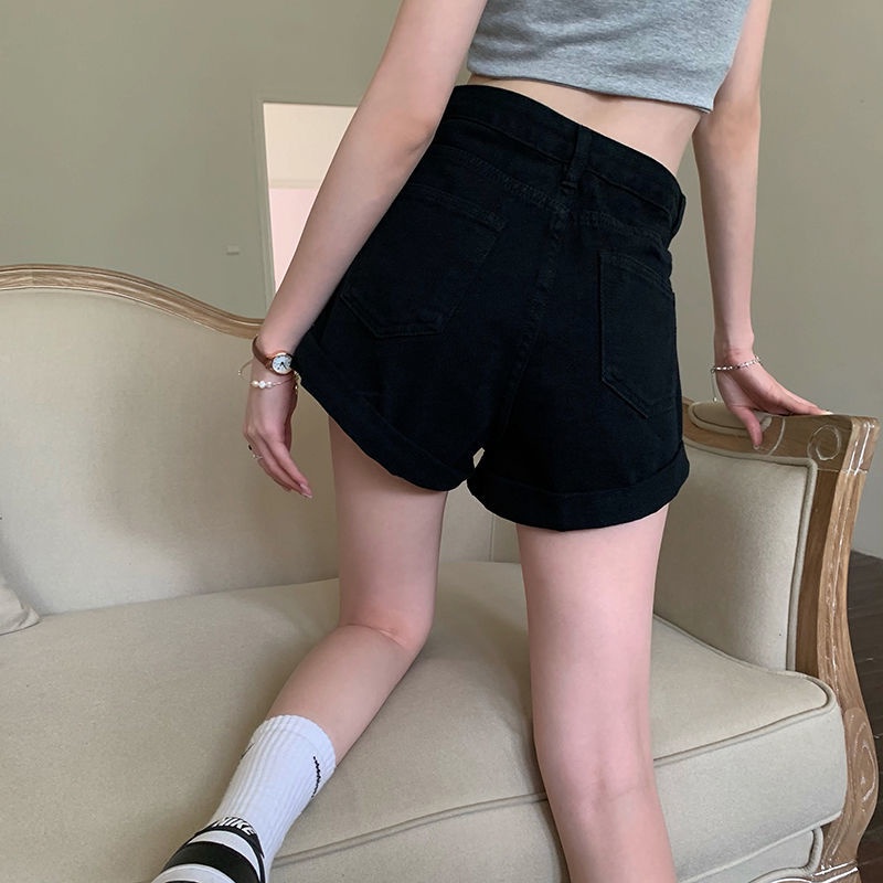 Quần Short Denim Đen Lưng Cao Viền Cong Thời Trang Mùa Hè Cho Nữ