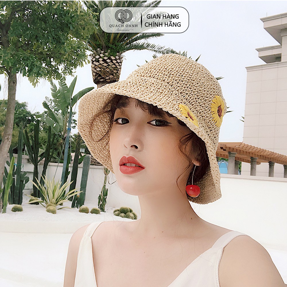Mũ nón cói QO ACCESSORIES vành rộng hoa cúc cho mẹ và bé đi biển mùa hè MU38