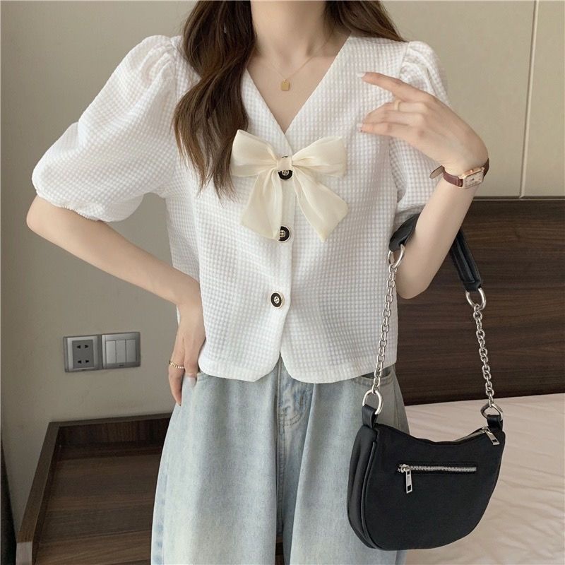 Áo Sơ Mi chiffon Ngắn Dáng Rộng Cổ Chữ V Tay Phồng Phong Cách Hàn Quốc Thời Trang Cho Nữ NZ-CS-31