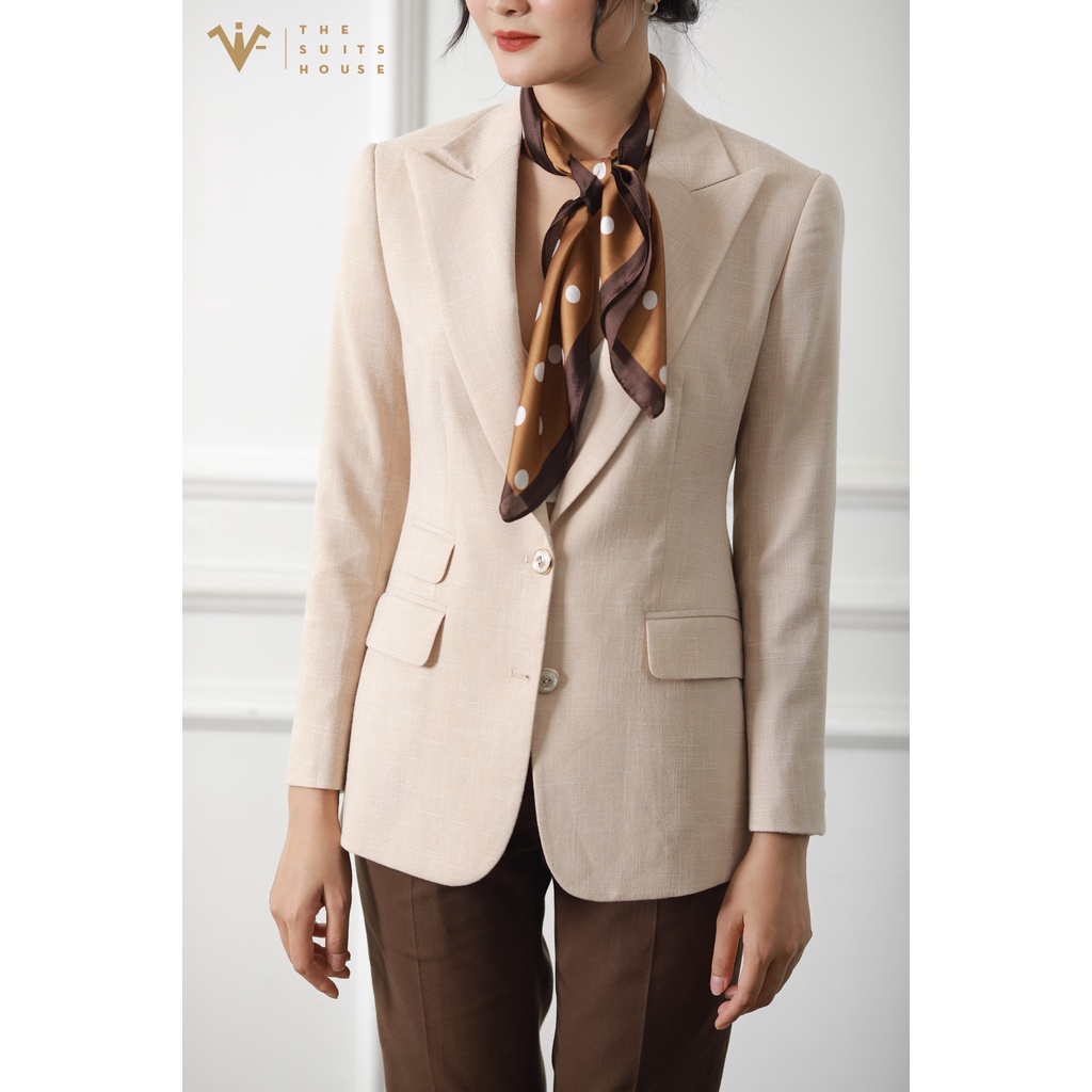 Bộ vest nữ cam nhạt phối nâu đậm, suits sartorial chất linen The Suits House