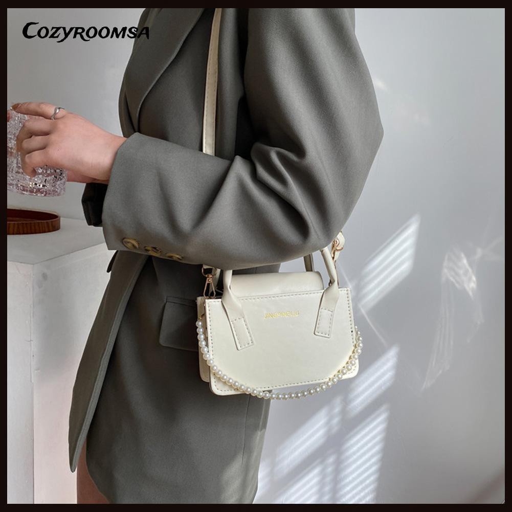 Fashion Women PU Leather Pure Color Shoulder Bag Pearl Top-handle Handbag