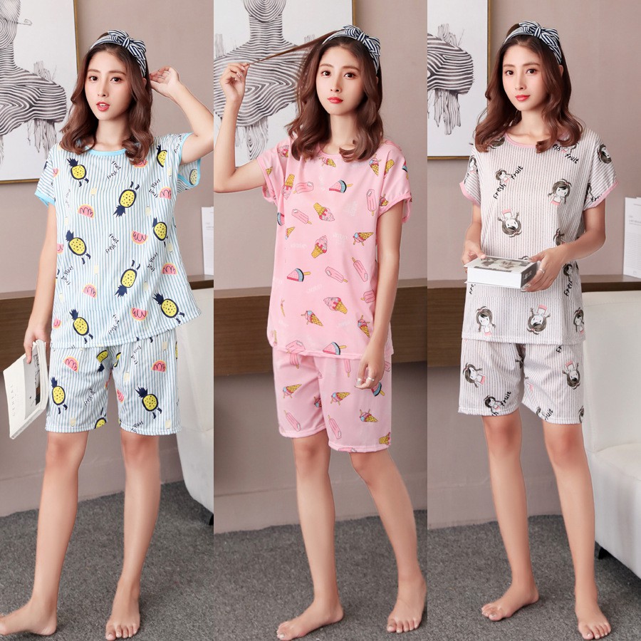 Bộ đồ quần áo nữ mùa hè dáng ngắn họa tiết dễ thương