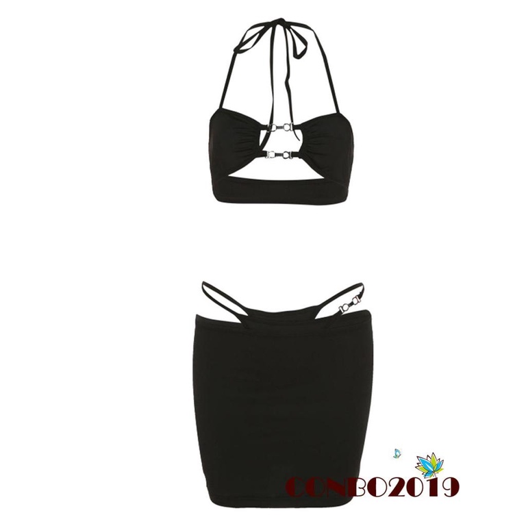 HGM-Women´s Three-Piece Clothes Outfit, Halterneck Sleeveless Hollow Out Tops + Thong + Skirt
