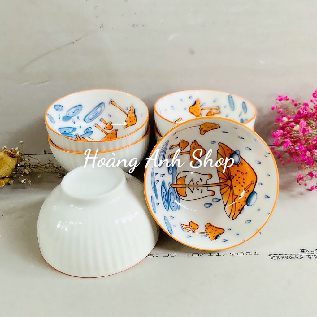 Combo 6 Chén Ăn Cơm Đường Kính 11.5Cm Họa Tiết Nấm Dễ Thương Có Vân Ngoài - Chén Sứ Decor Xinh Xắn