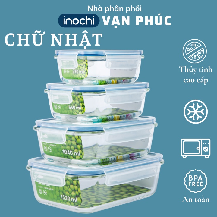 Hộp thuỷ tinh chữ nhật Inochi Nikko thiết kế nắp kín chống rò rỉ, sử dụng được trong lò nướng