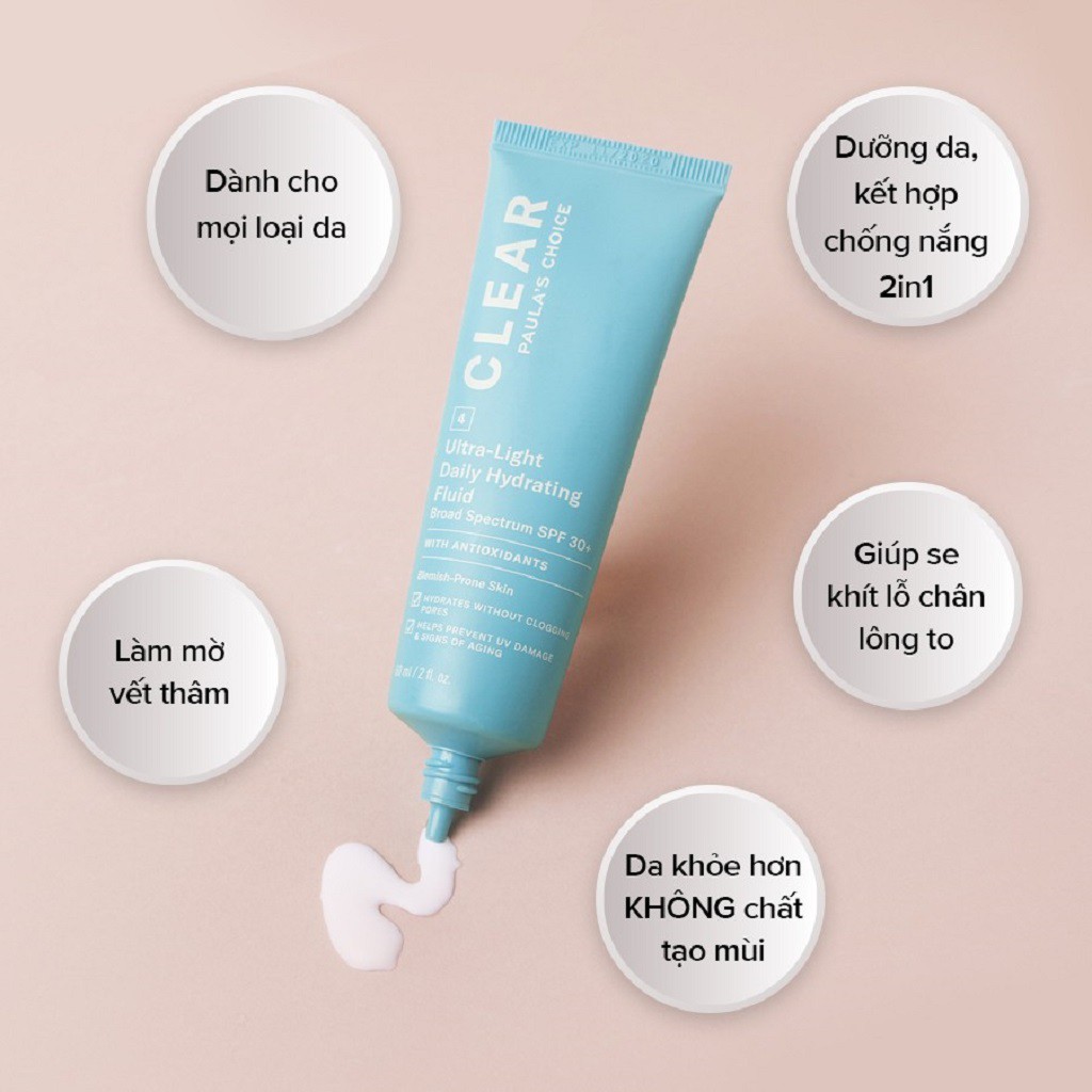 Kem Chống Nắng Dạng Sữa Siêu Nhẹ Dành Cho Da Mụn Paula’s Choice Clear Ultra-Light Daily Fluid SPF30 15ml Và 60ml