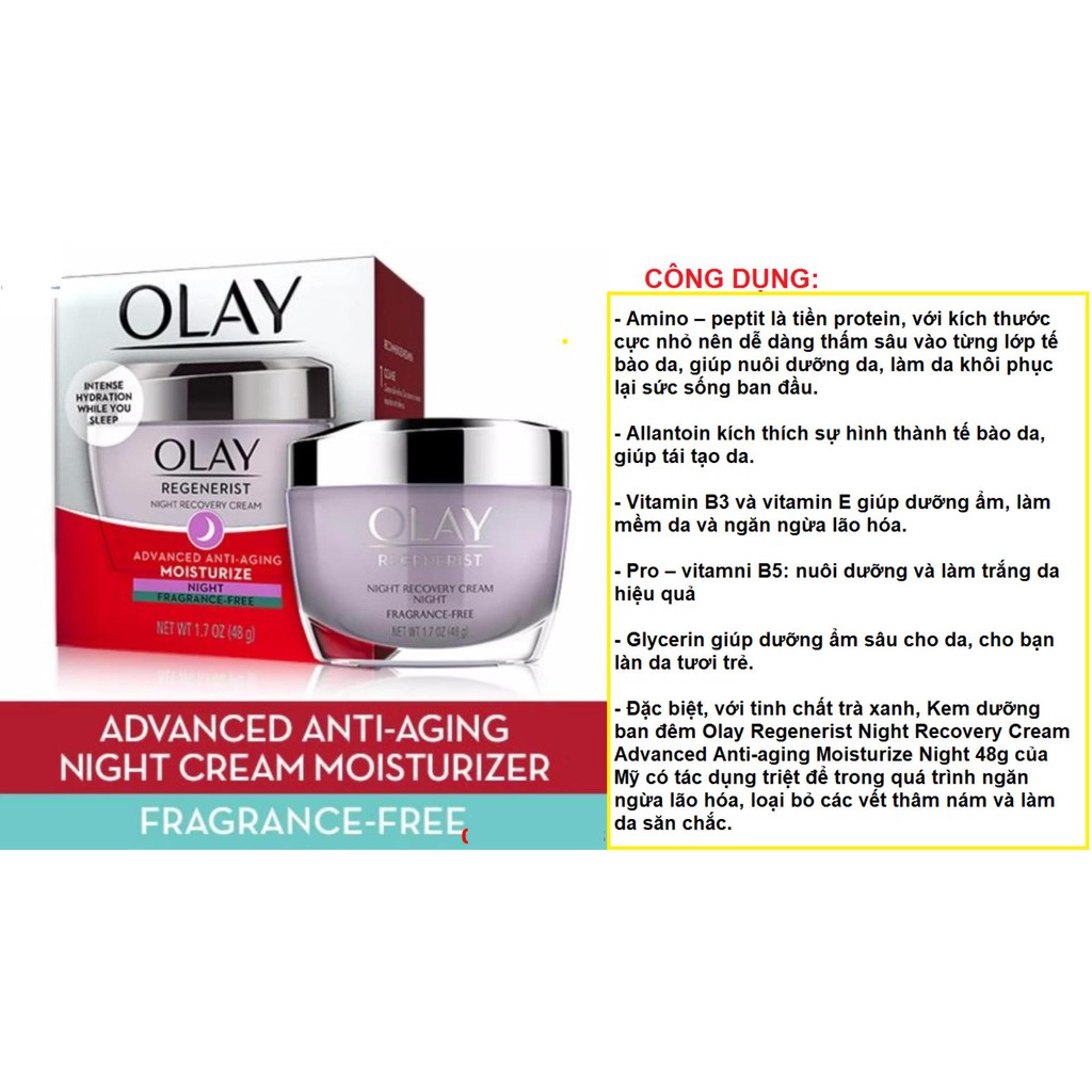 Kem dưỡng ban đêm tái tạo làn da - chống lão hóa Olay Regenerist Anti-aging Moisturize Night 48g