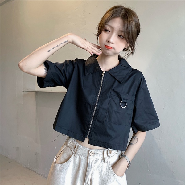 Áo Sơ Mi Tay Ngắn Cổ Polo Dáng Rộng Màu Sắc Đơn Giản Phong Cách retro Thời Trang Cho Nữ