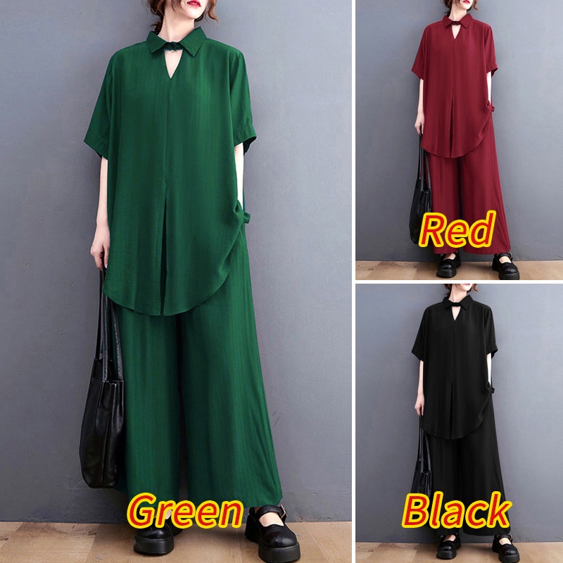 Set áo sơ mi tay ngắn và quần dài lưng thun ống rộng Zanzea phong cách retro cho nữ