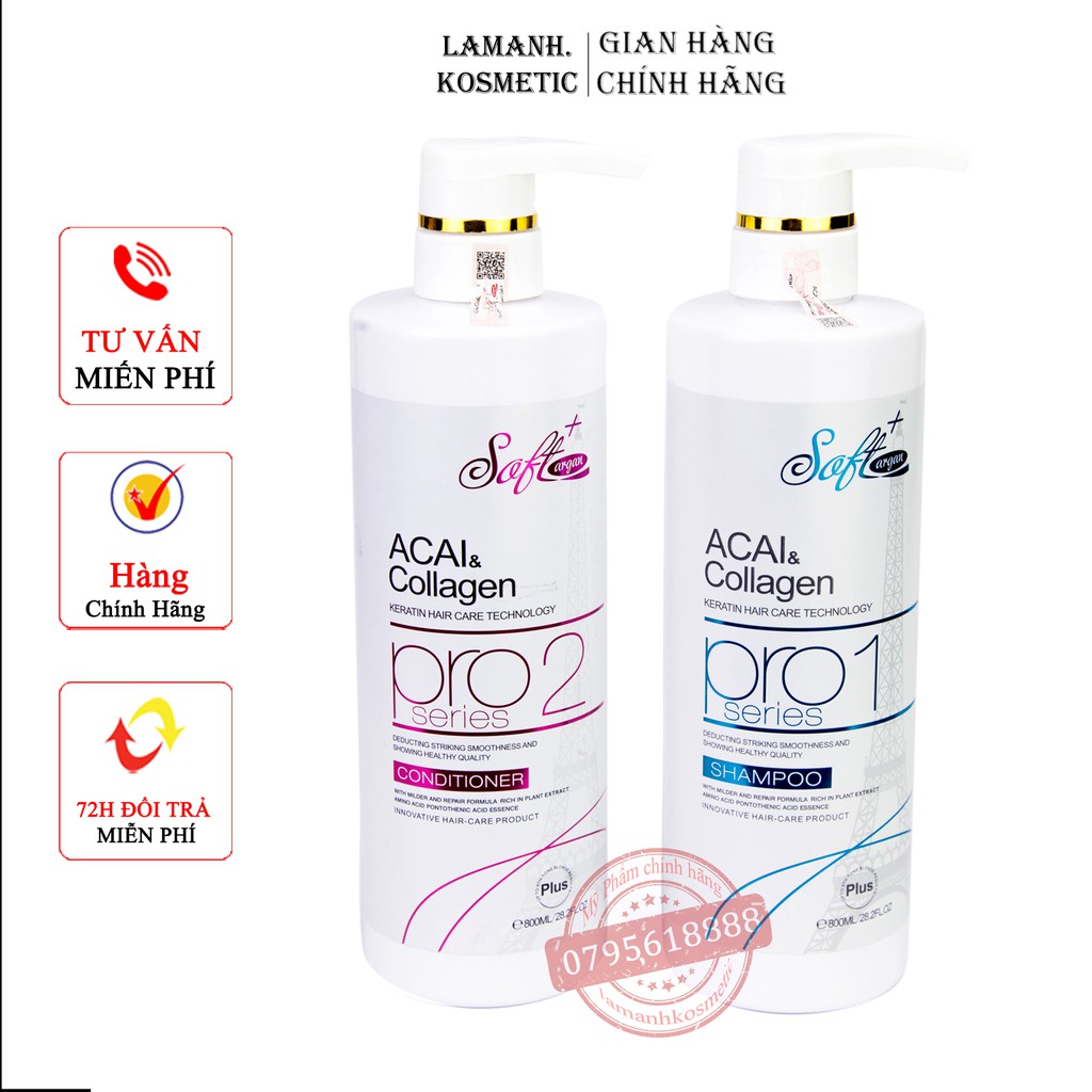 Dầu Gội  Acai &amp; Collagen Argan Soft+ kiềm dầu siêu phục hồi mềm mượt chống rụng tóc hương thơm nước hoa cặp 800ml