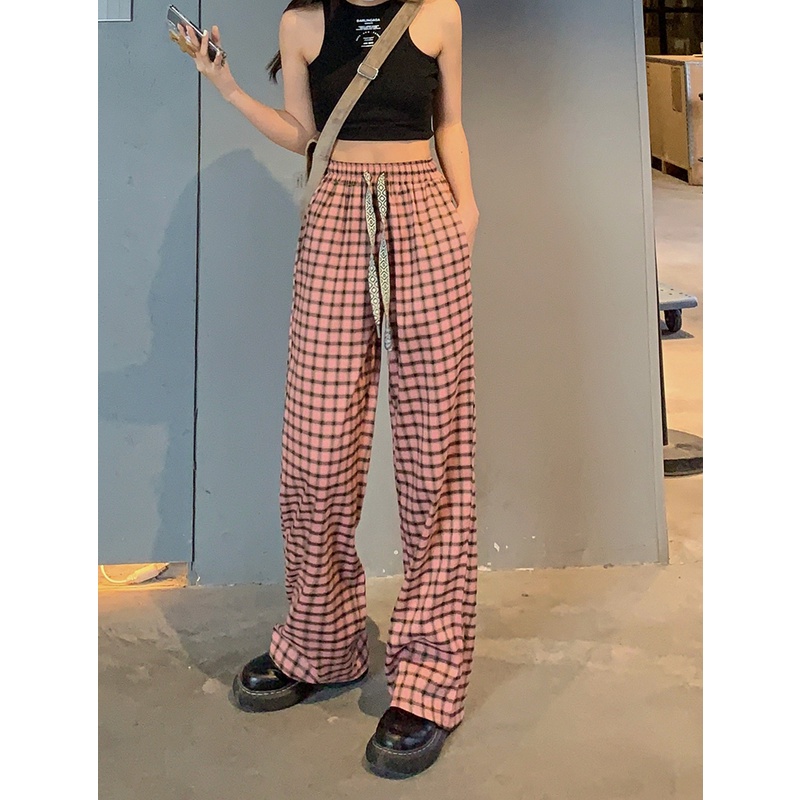 Quần Dài Lưng Cao Ống Rộng Họa Tiết Sọc Caro Phong Cách retro Hàn Quốc Thời Trang Cho Nữ