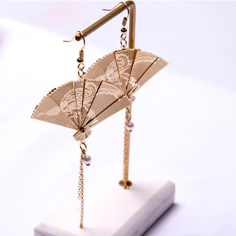 1 Cặp Bông Tai Dáng Dài Hình Quạt Xếp Phối Tua Rua Phong Cách Trung Hoa