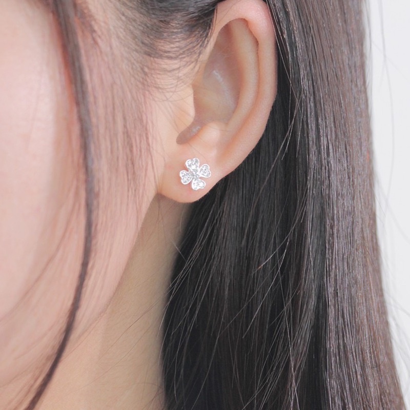 Bông tai nữ bạc ta THJ-Bông tai cỏ 4 lá nhỏ xinh đính đá