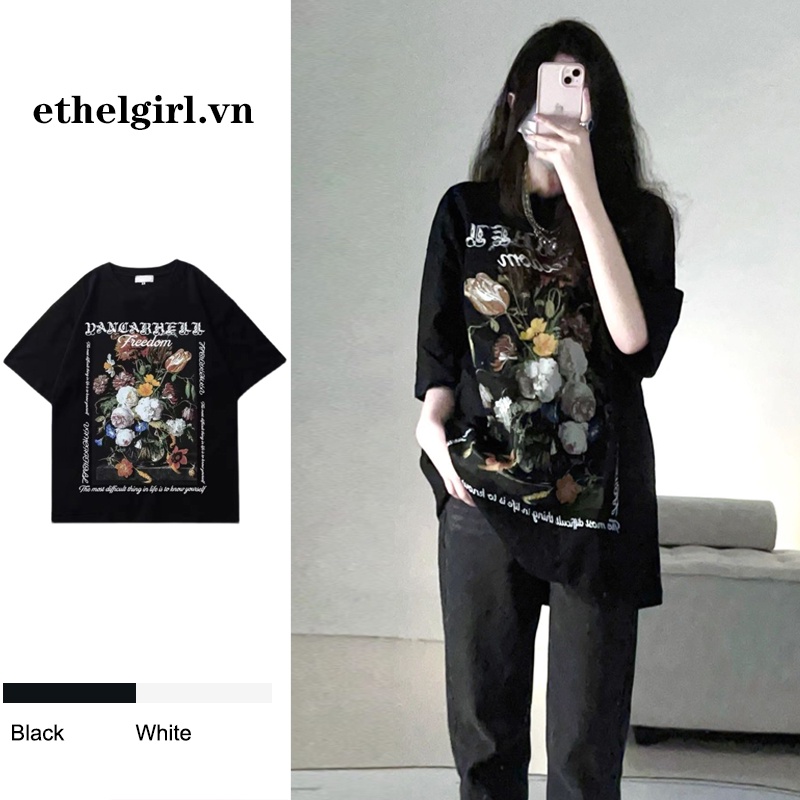 Áo Thun Tay Ngắn Dáng Rộng In Họa Tiết Phong Cách Retro Thời Trang Xinh Xắn Cho Nữ